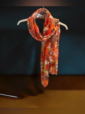 Orange Coral Floral Cotton Gauze Lightweight Summer Scarf Frayed Edge Wrap